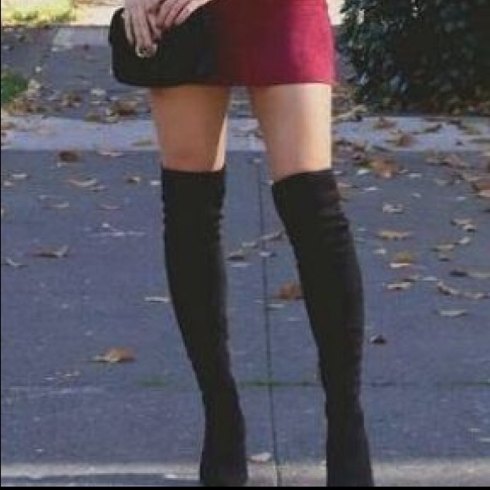 Thigh high black suede 2 inch heel boots